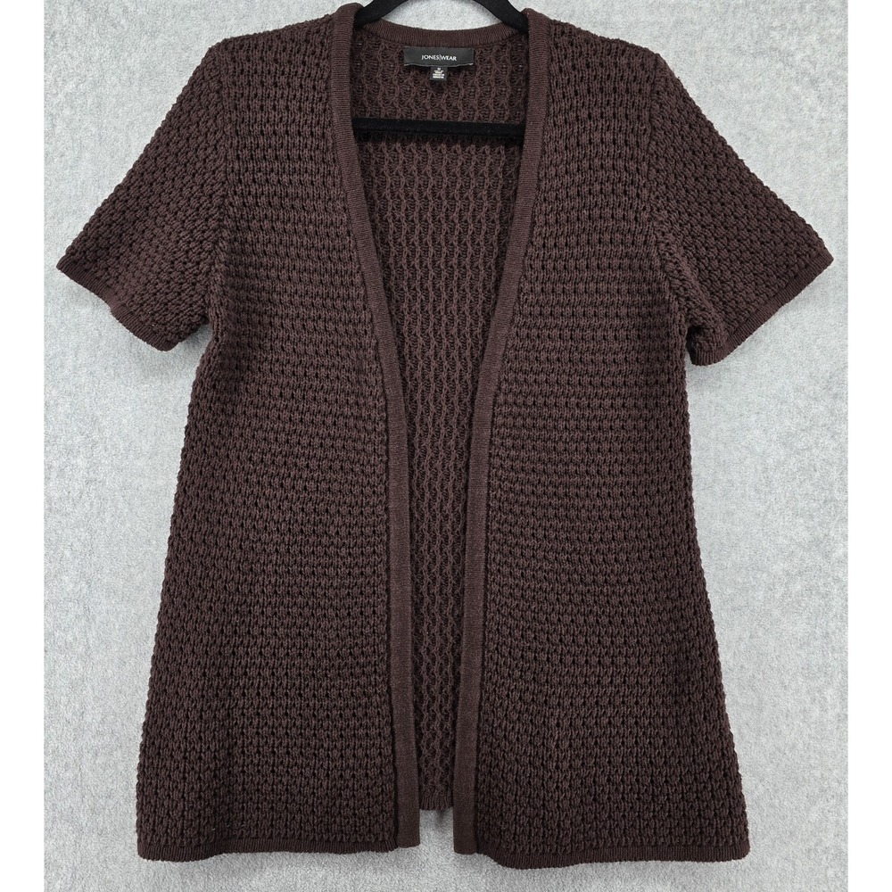 Vtg Jones Wear Open Cardigan Sweater Sz‎ M Brown Crochet Short Sleeve Shrug Y2K
